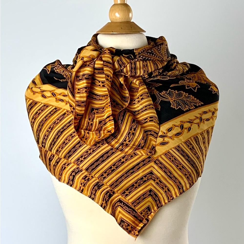 Silk scarf Harvest gold and black grapes and vines pattern graphic border